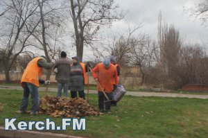 В Керчи рабочие убирают листву с газонов несмотря на погоду