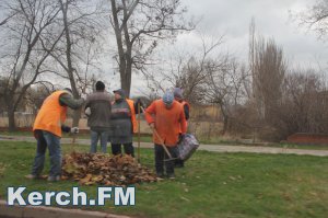 Новости » Общество: В Керчи рабочие убирают листву с газонов несмотря на погоду