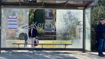 Новости » Общество: В Керчи неизвестные разбили стекла на остановочном павильоне